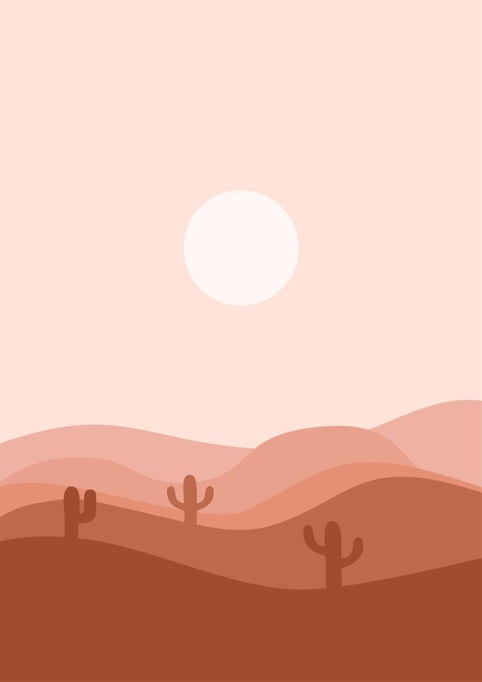 Ilustración de vector de paisaje plano del desierto. ilustración de paisaje de desierto y cactus al atardecer. montañas y cactus en estilo de dibujos animados planos.