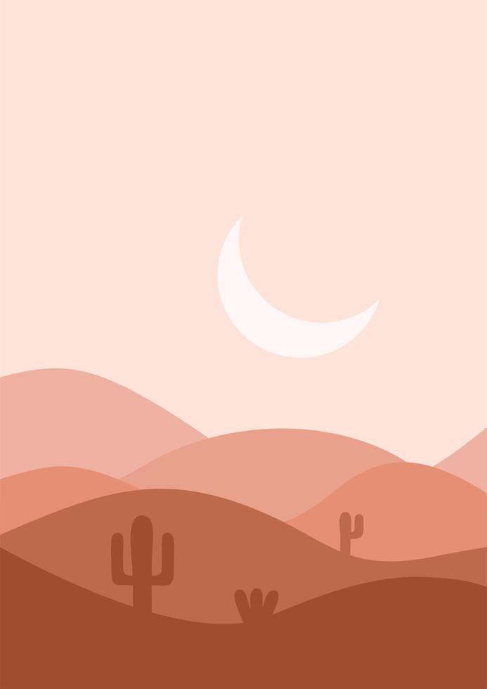 desert flat landscape vector illustration. Sunset Desert and Cactus Landscape illustration.mountains and cactus in flat cartoon style.