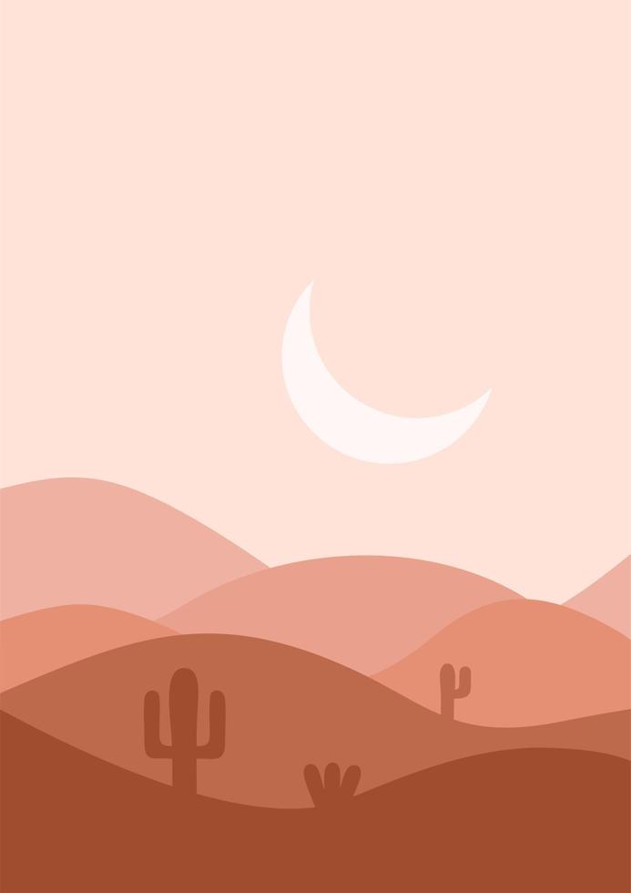 Ilustración de vector de paisaje plano del desierto. ilustración de paisaje de desierto y cactus al atardecer. montañas y cactus en estilo de dibujos animados planos.