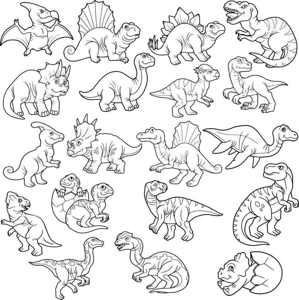 conjunto de dinosaurios prehistóricos de dibujos animados, libro de colorear para niños, ilustración de esquema vector