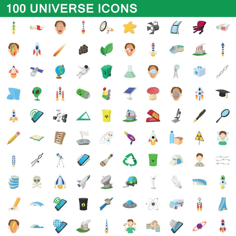 100 universo, conjunto de iconos de estilo de dibujos animados vector