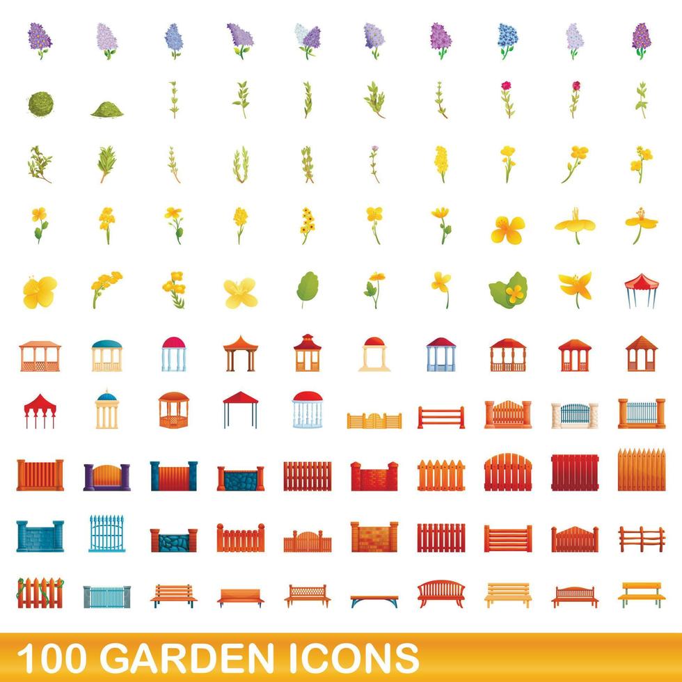 100 iconos de jardín, estilo de dibujos animados vector