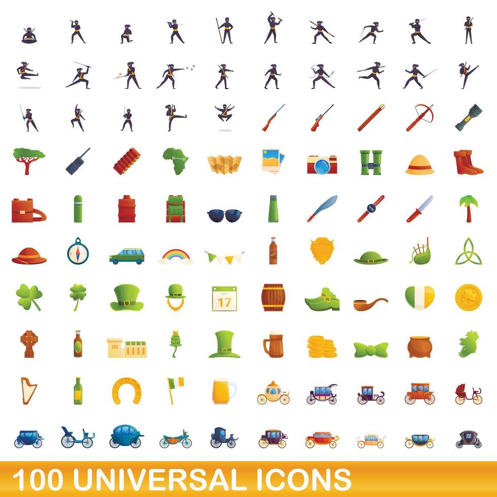 100 universal icons set, cartoon style vector