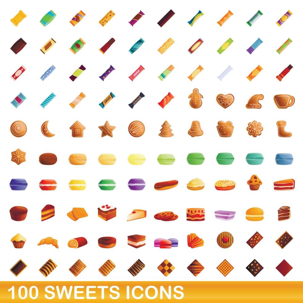 100 sweets icons set, cartoon style vector