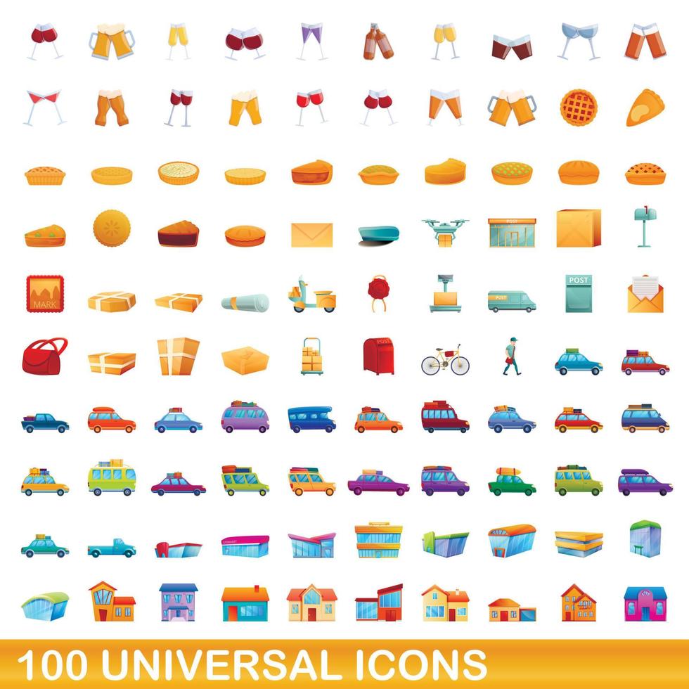 100 universal icons set, cartoon style vector