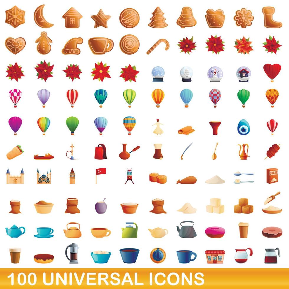 100 universal icons set, cartoon style vector