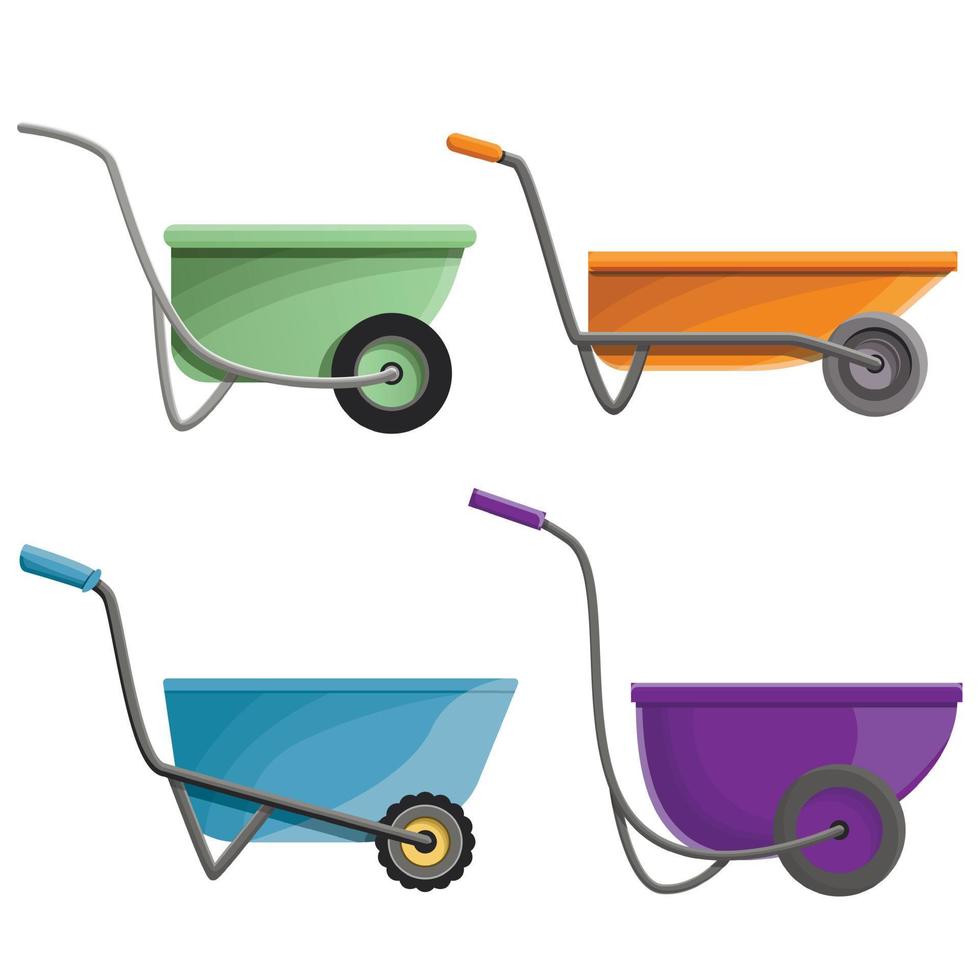 Wheelbarrow icon set, cartoon style vector