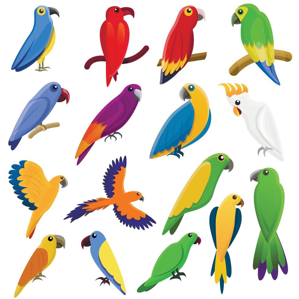 Parrot icons set, cartoon style vector