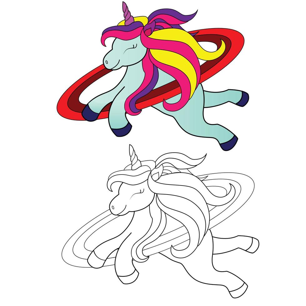 hermoso unicornio colorido en un círculo de anillo vector