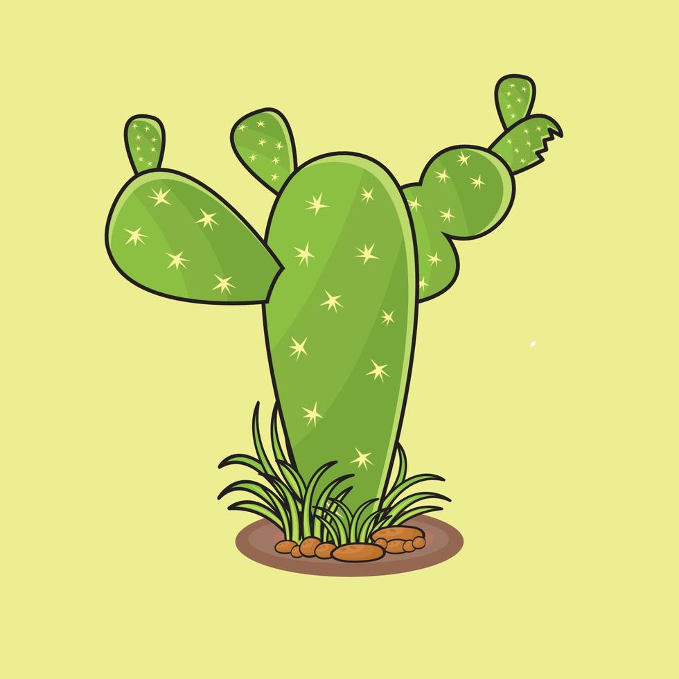 Green Cactus grows on brown soil with grass. Flat design. Illustration. Vector