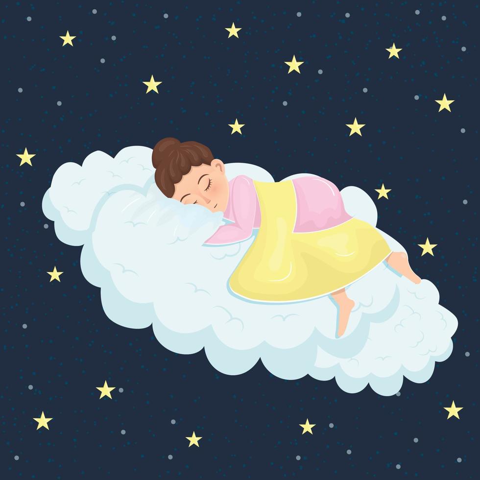 little girl sleeps under a yellow blanket on a fluffy cloud against the background of the night starry sky vector