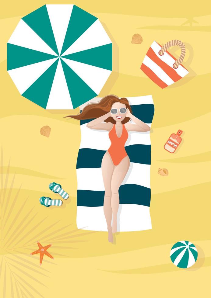 chica con gafas de sol toma baños de sol en la playa bajo una sombrilla al lado de la pelota, bolsa, protector solar, conchas, estrellas de mar. vector