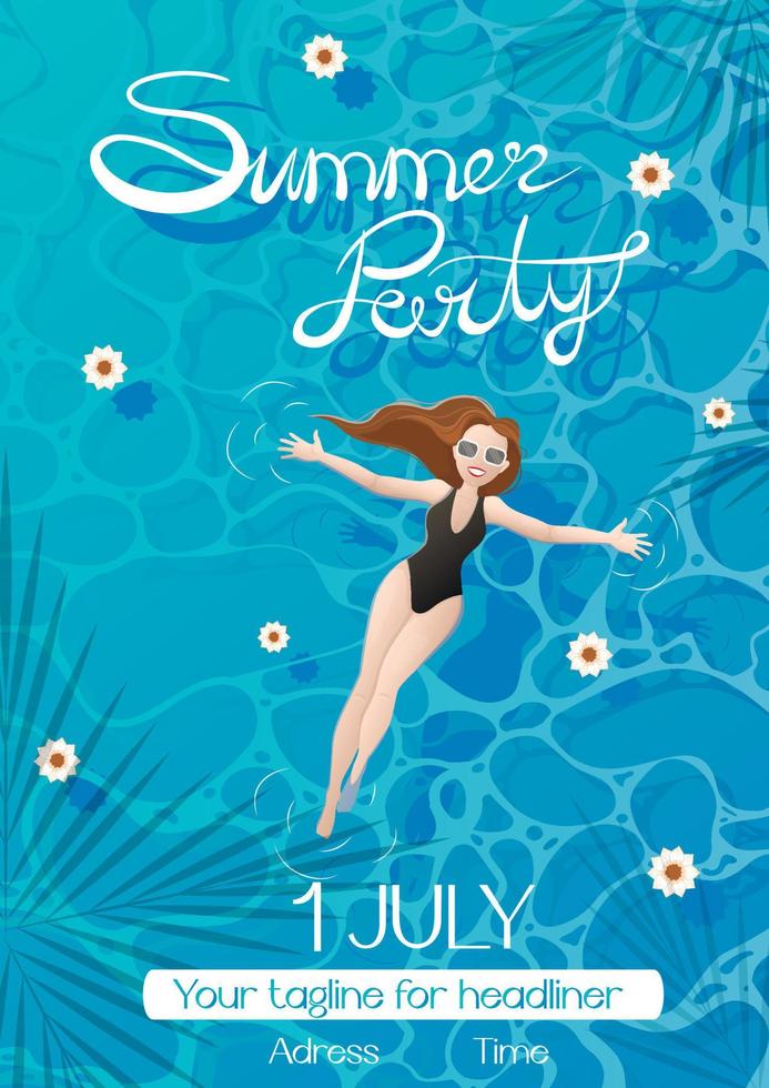 Flyer poster a4 invitation to a summer party in the pool with a girl in a black one-piece swimsuit vector