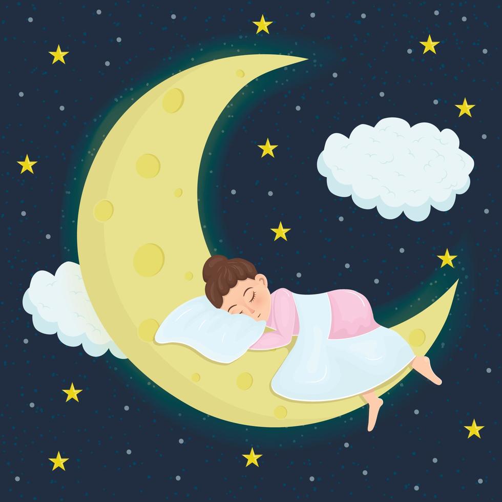 la niña duerme debajo de una manta sobre una almohada en una luna creciente contra el fondo del cielo estrellado de la noche vector