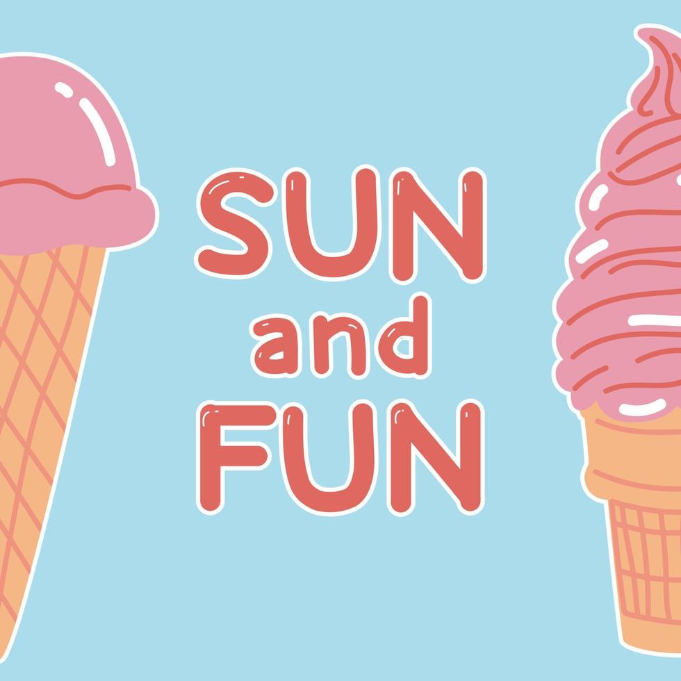 summer ice cream poster. gelato in a cone sun and fun vector