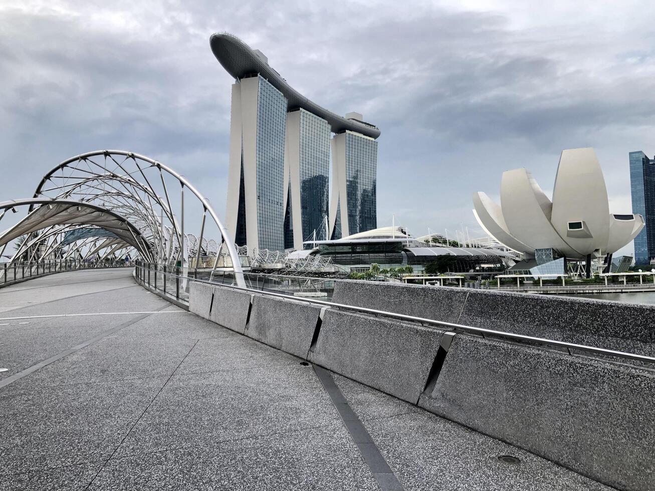 Singapore July 3 2022 Cloudy view at the Marina Bay sands and Helix Bridge in Singapore landmarks photo