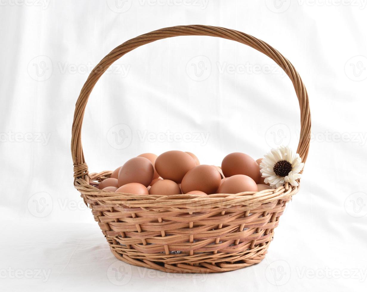 eggs in basket filled isolated on white background photo