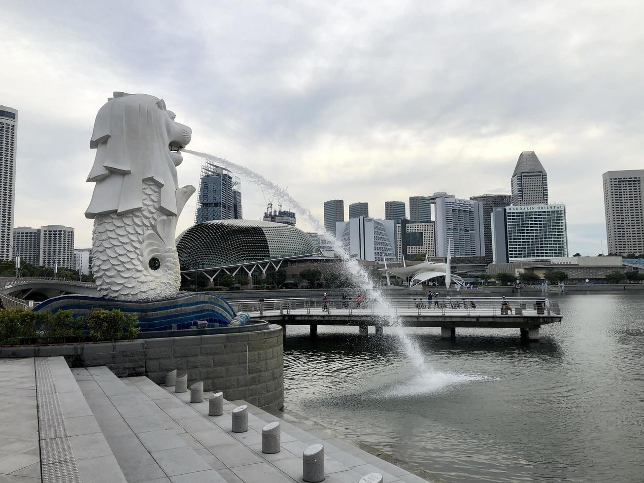 SINGAPOR July 2  2022 Merlion iconic statue fountain in Merlion Park and Singapore city photo