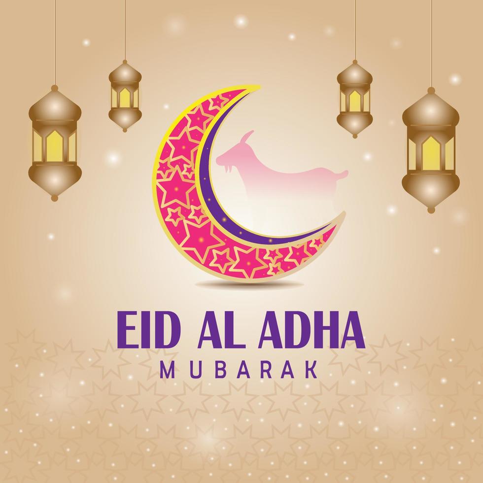 eid al adha mubarak. diseño de ilustración de tarjetas de felicitación islámicas con vector premium de media luna y linterna.