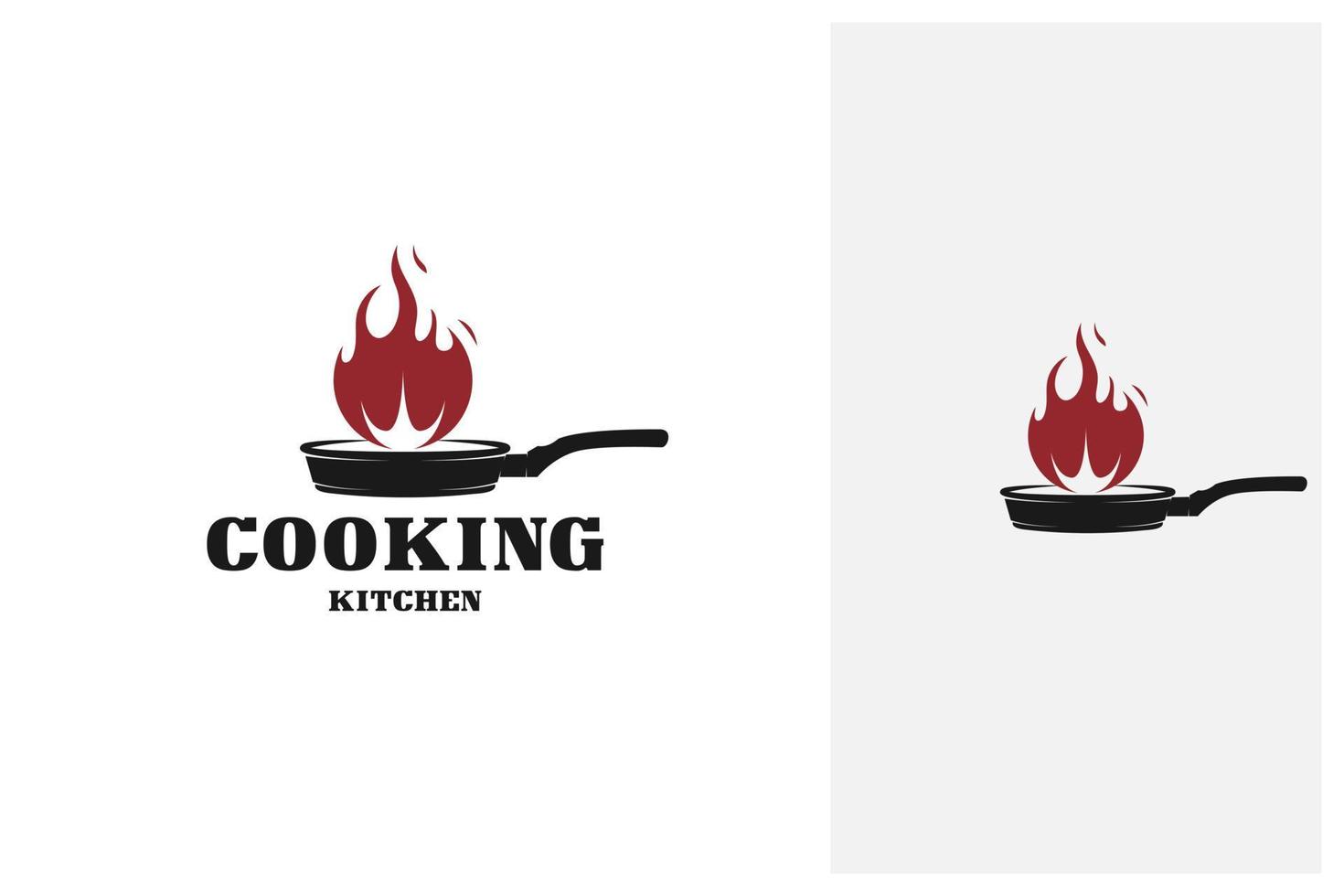 antigua sartén rústica retro de hierro fundido con fuego, logotipo clásico de la cocina del restaurante vector