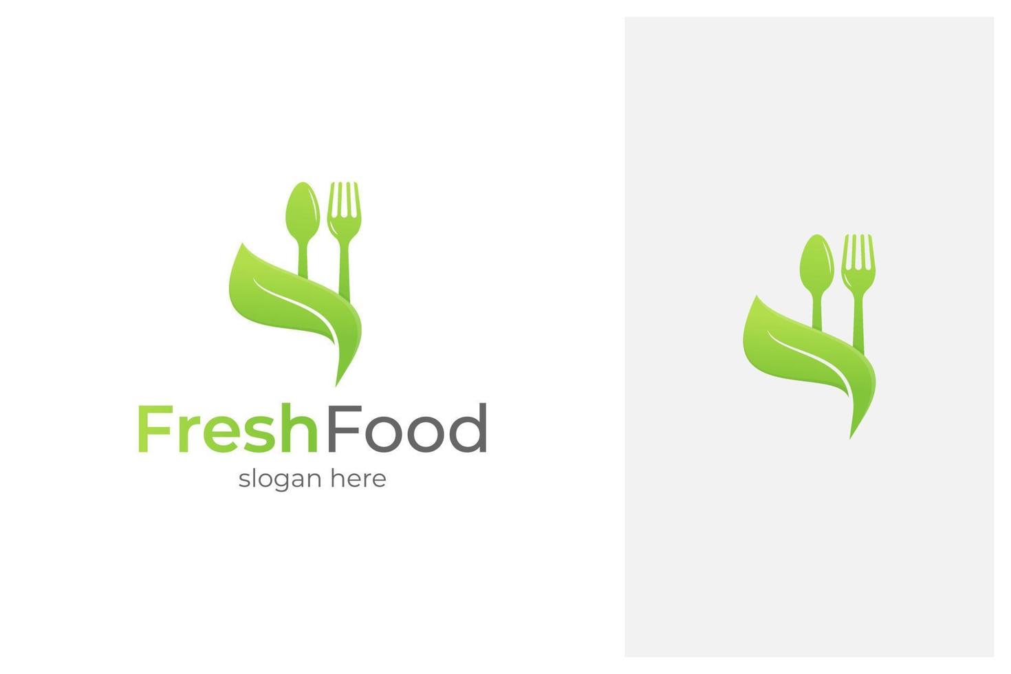 hoja con cuchara y tenedor. diseño de logotipo de comida fresca vector