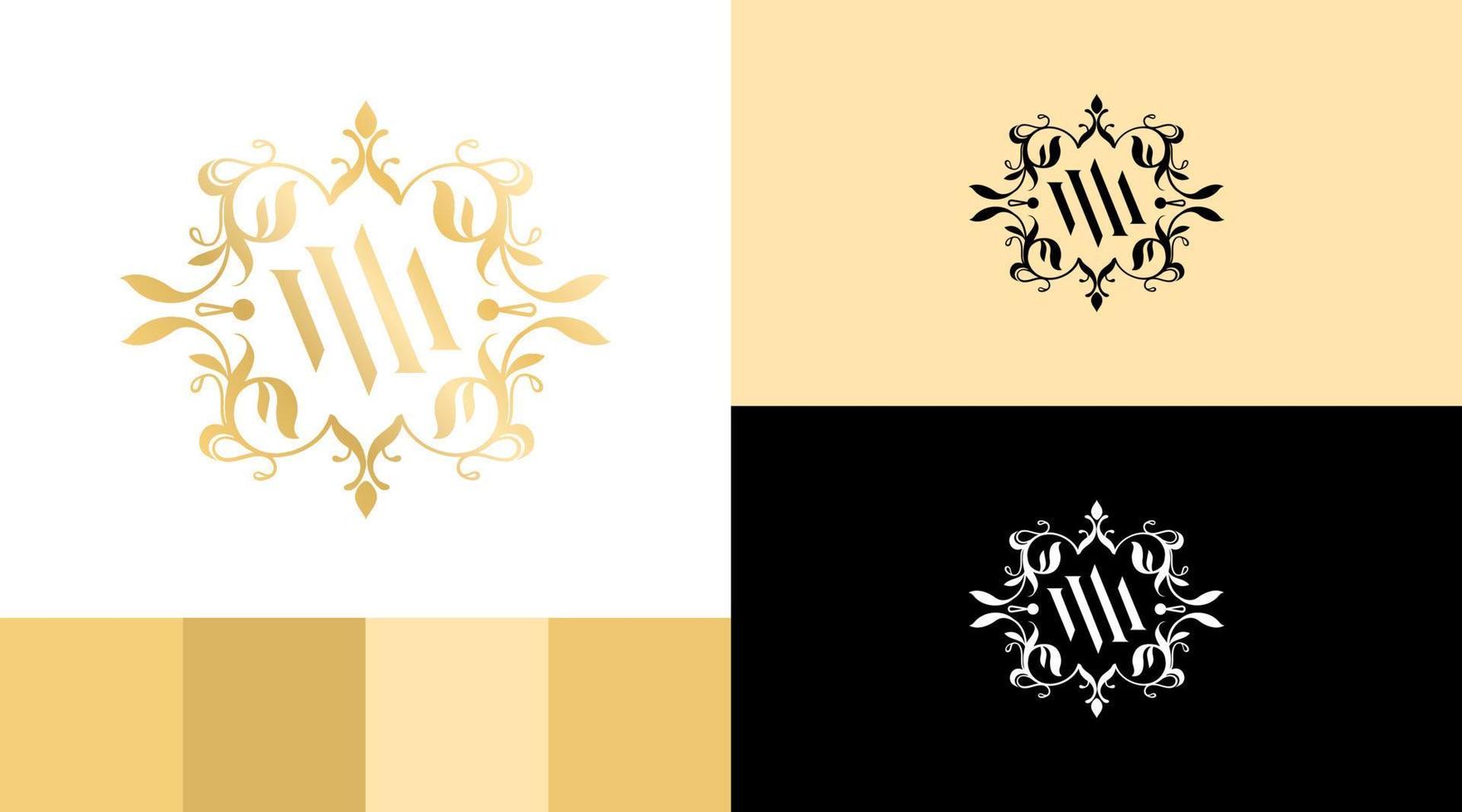 concepto de diseño de logotipo de letra m de monograma vintage de flor dorada vector