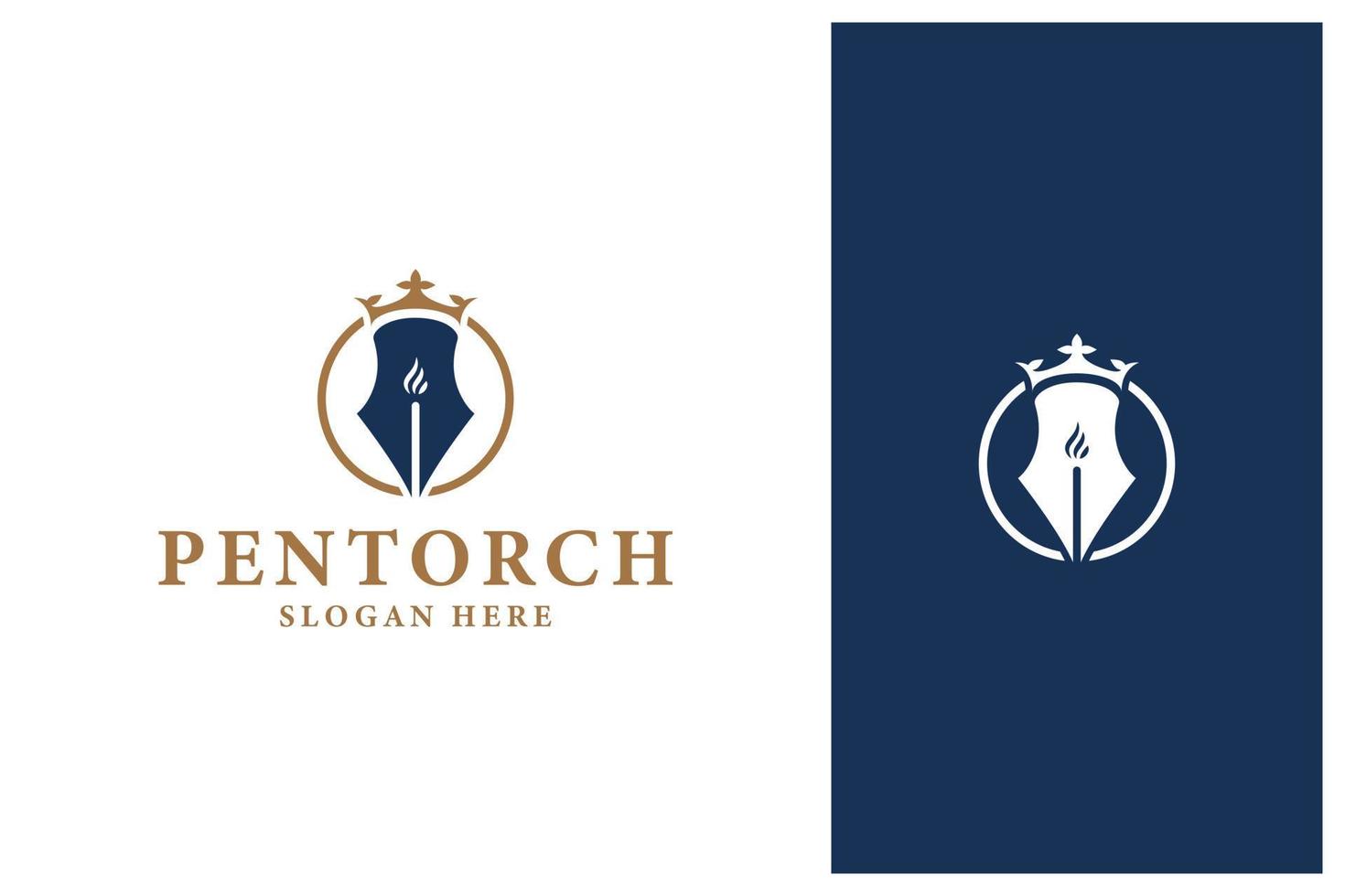 pen, torch and crown logo design vector