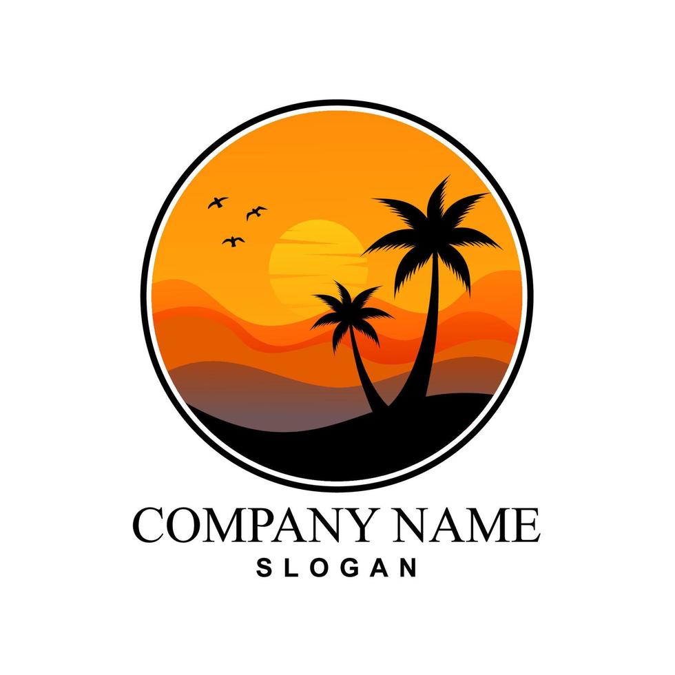 Island Logo Design with Coconut Trees and Sunset vector