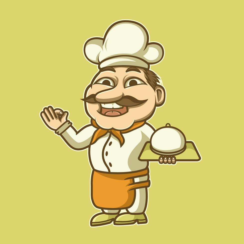 diseño de logotipo de ilustración vectorial, mascota de chef que sirve con una sonrisa vector
