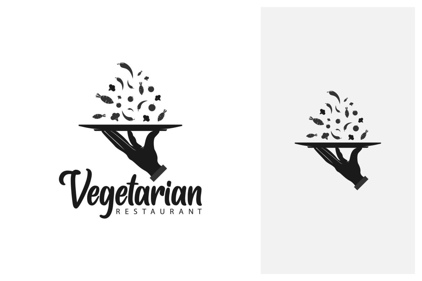 mano de camarero sosteniendo una bandeja con algunas verduras, diseño de logotipo de restaurante vector