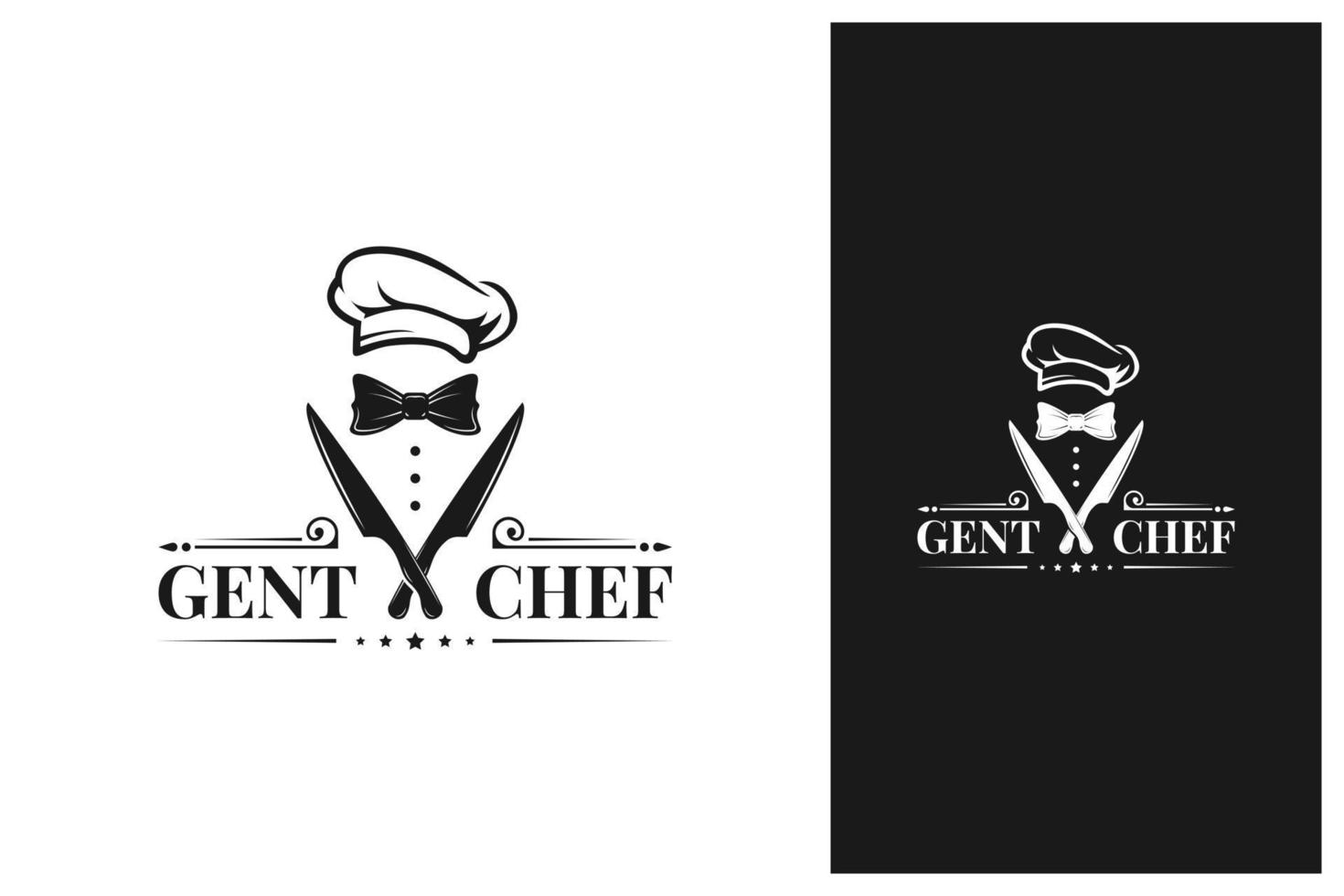 sombrero de chef, cuchillo, corbata de moño, esmoquin, utensilio logotipo de restaurante vintage vector