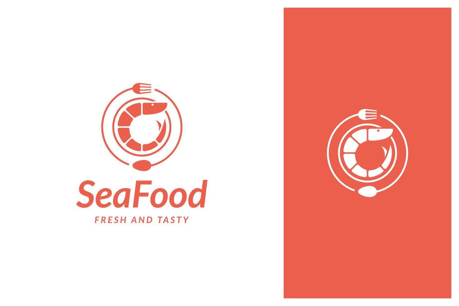 shrimp, plate, and utensil, seafood logo design vector