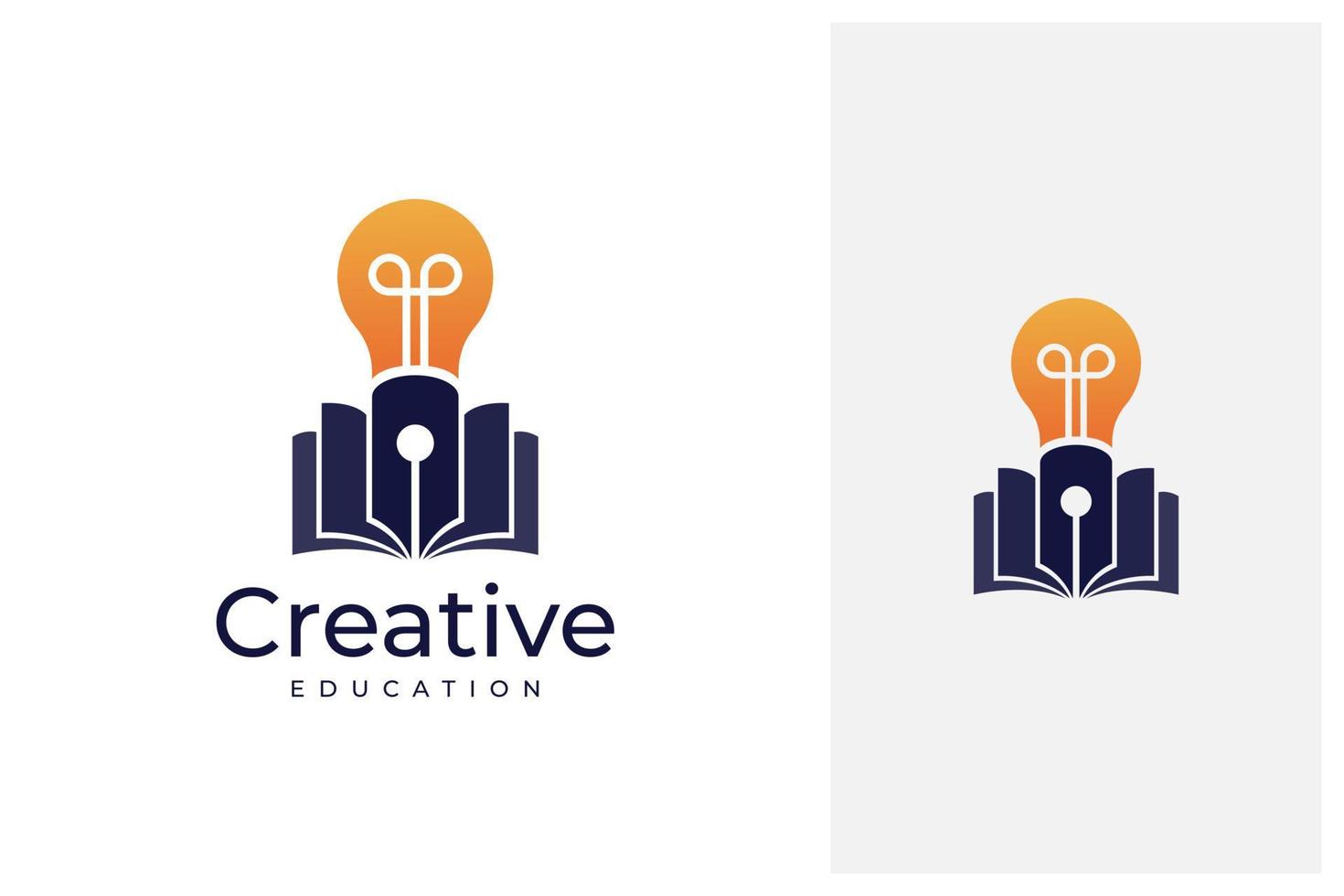 diseño de logotipo de educación creativa de pluma, bombilla y libro vector