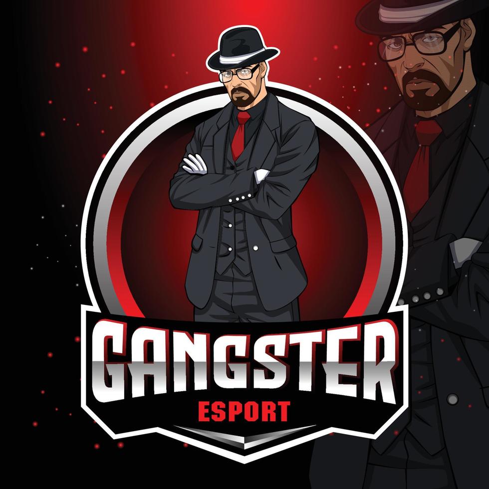 logotipo de la mascota del juego gangster esport y el diseño del personaje vector