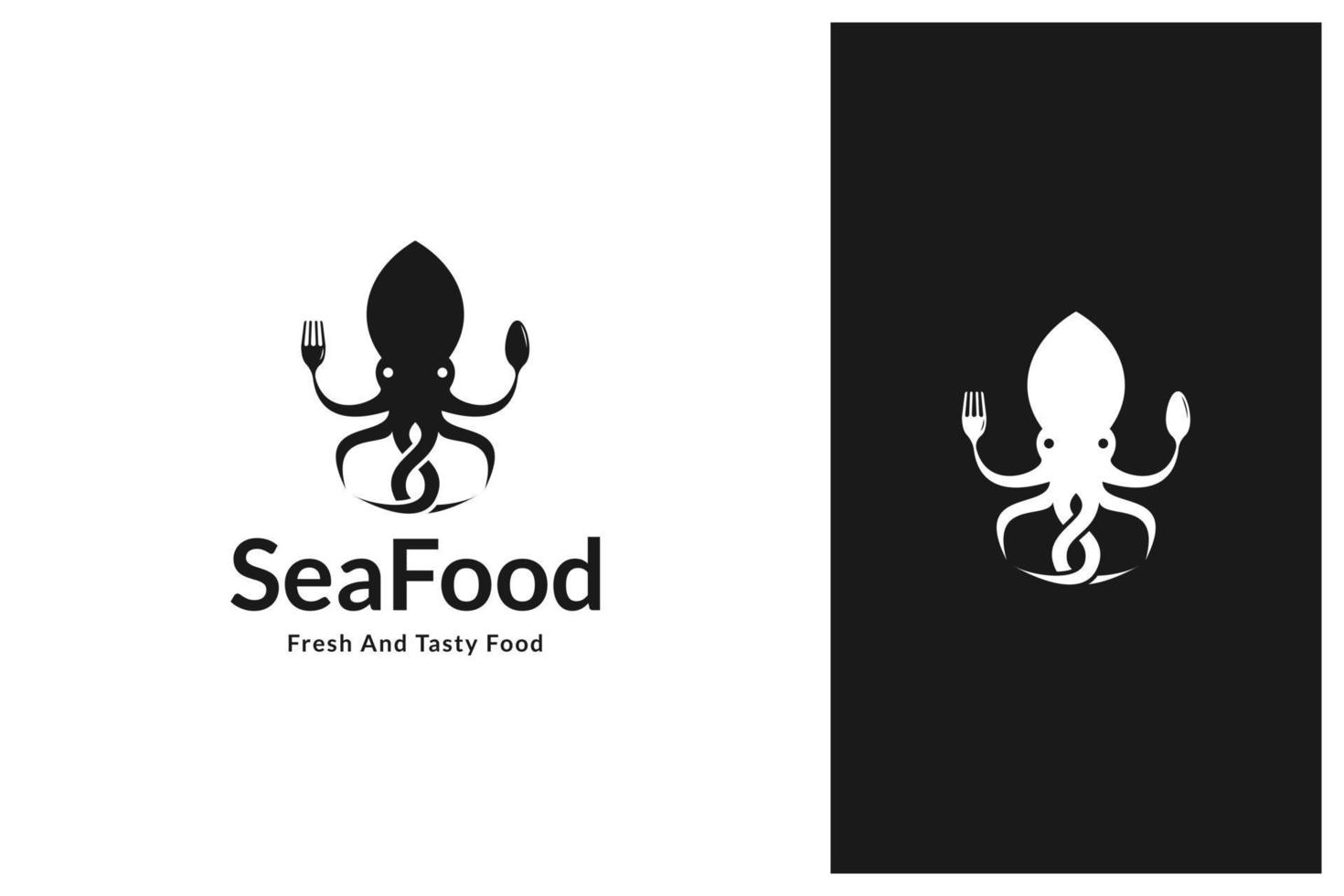 octopus holding spoon and fork, seafood silhouette logo design vector