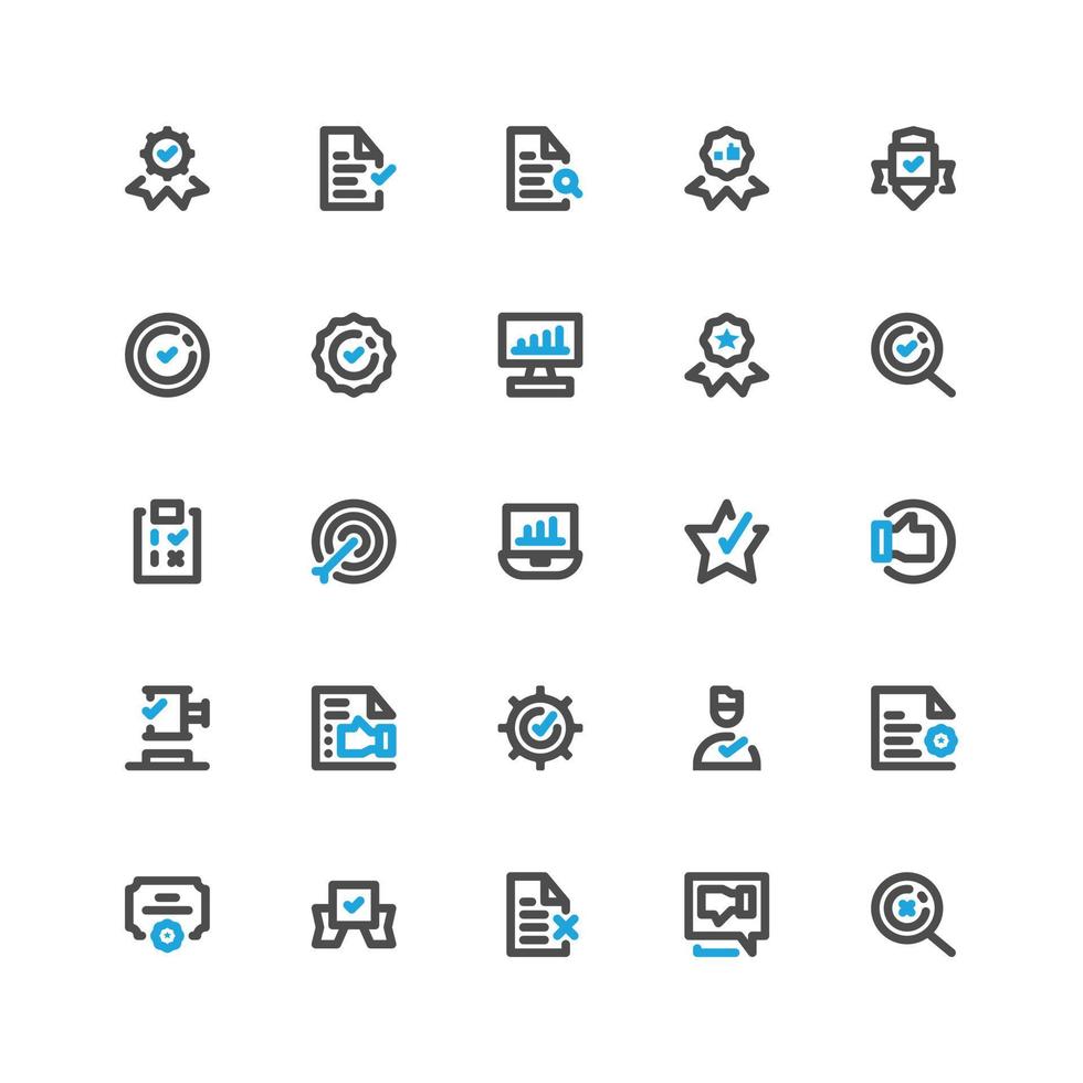 business quality standards and requirements vector icon set pack in dual tone style
