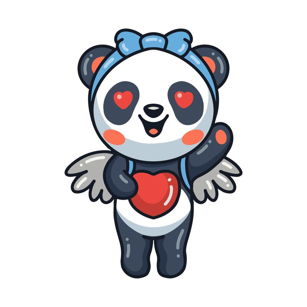 linda caricatura de angelito panda con corazón vector