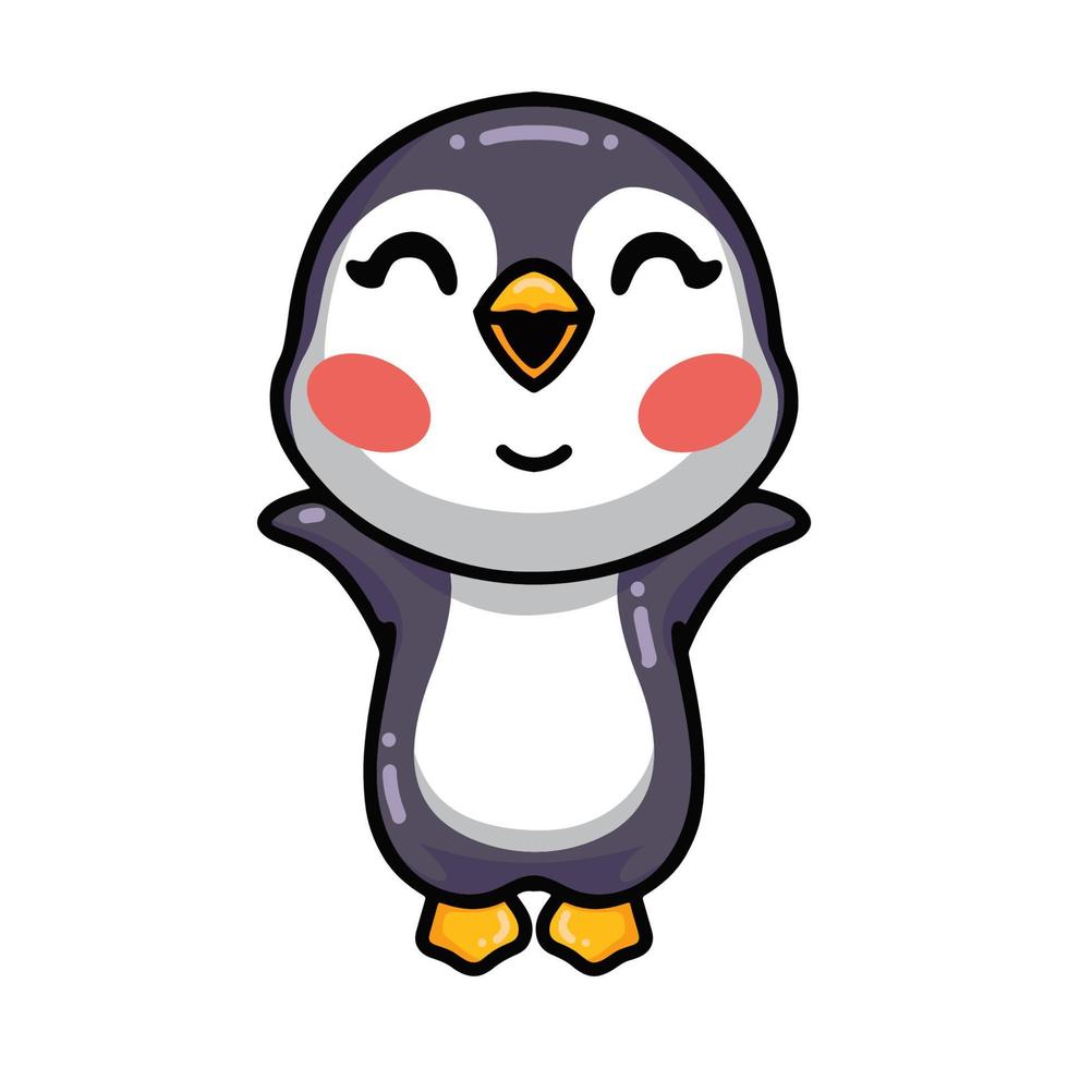 pequeño y lindo bebé pingüino de dibujos animados levantando las manos vector