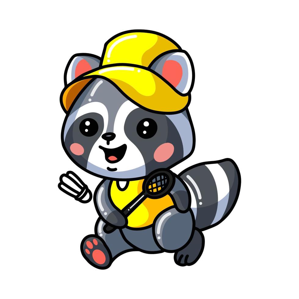 Cute baby raccoon cartoon play badminton vector