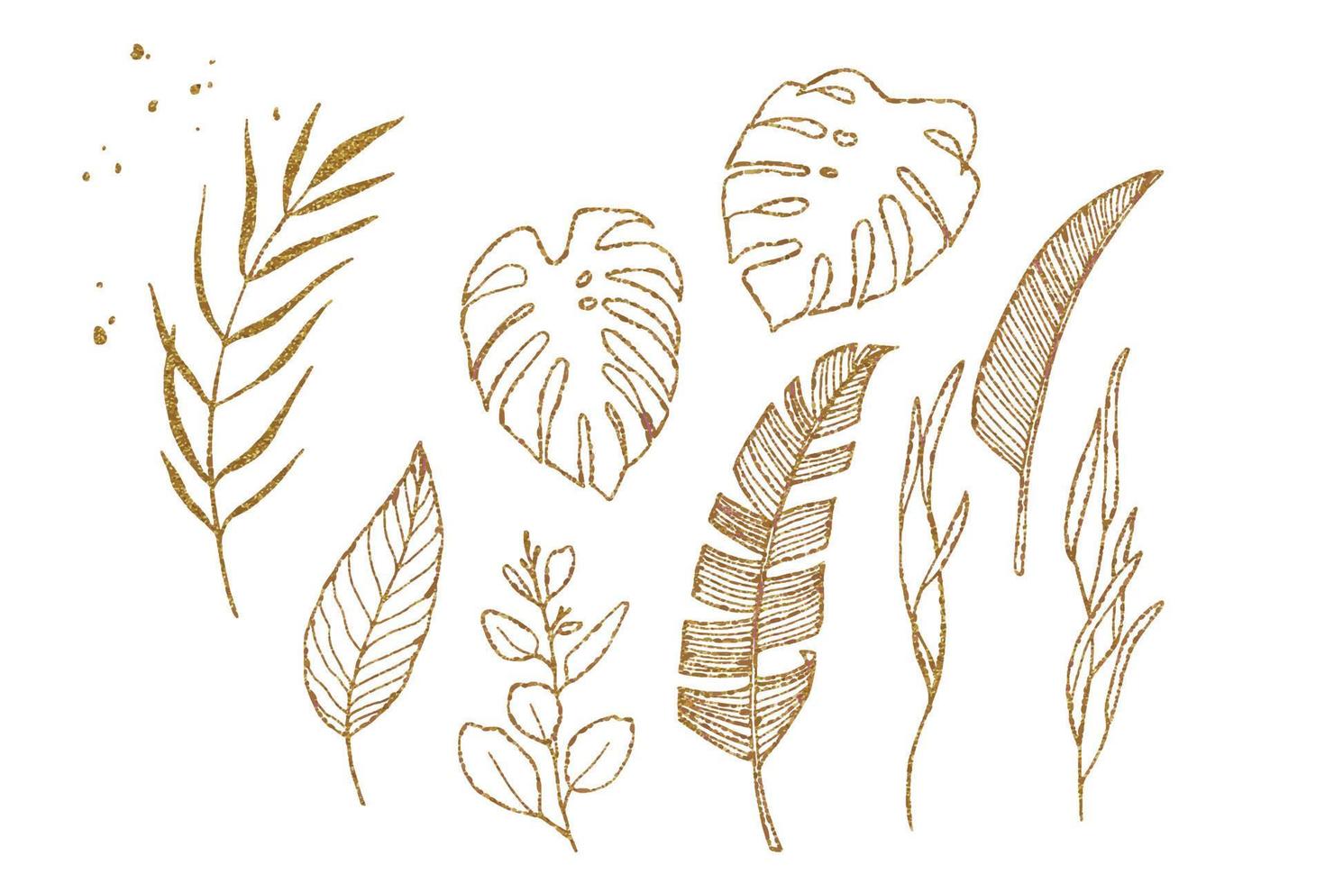 conjunto de hojas tropicales doradas. dibujo gráfico de hojas de palma, monstera, plátano. clipart aislado sobre fondo blanco vector