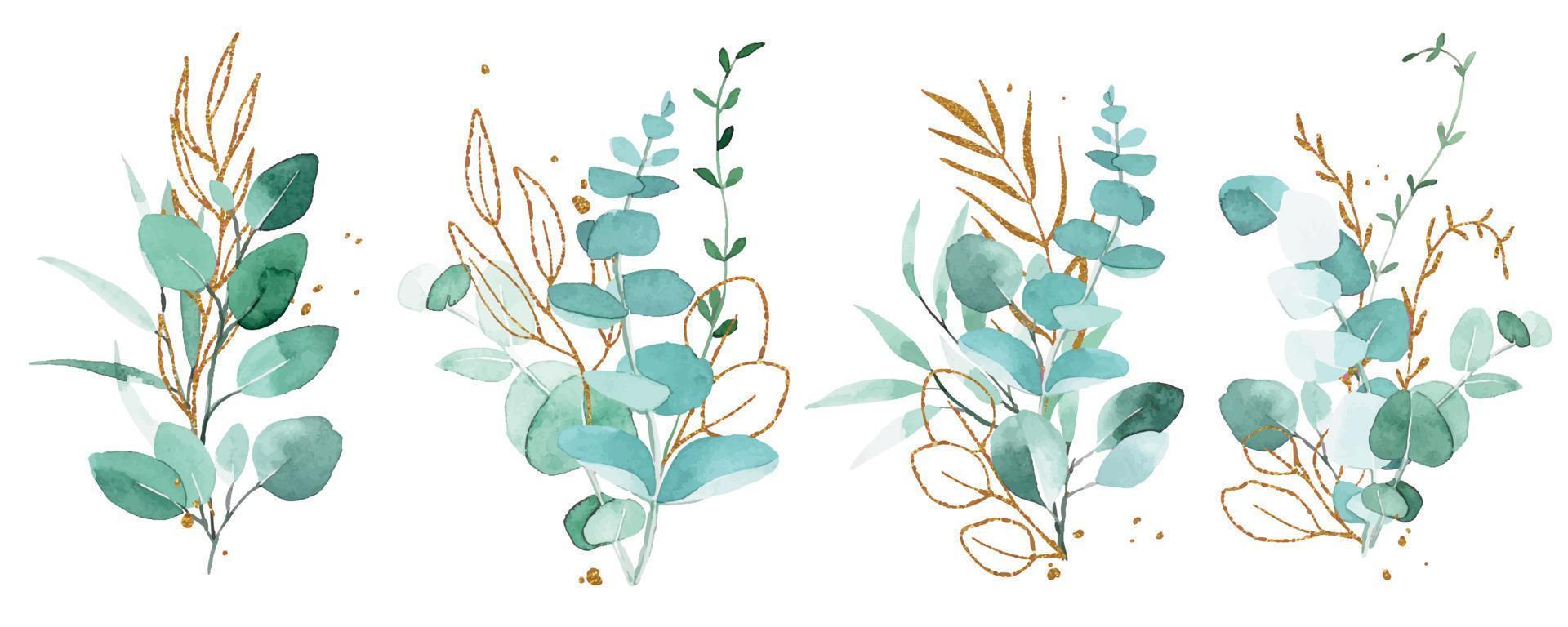 dibujo de acuarela. conjunto de ramos, composiciones de hojas de eucalipto y elementos dorados. hojas verdes y doradas en estilo vintage. vector