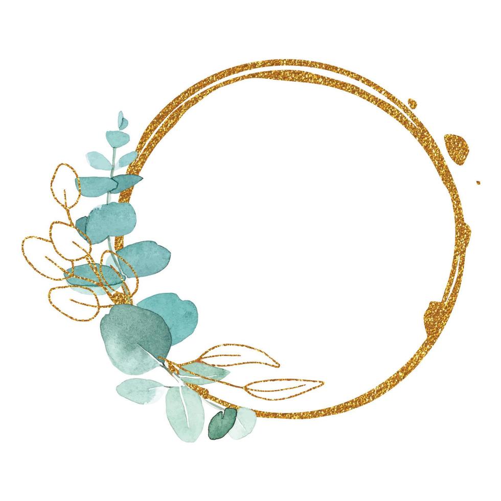 golden round frame with watercolor green eucalyptus leaves. abstract frame with splashes of gold and eucalyptus branches vector