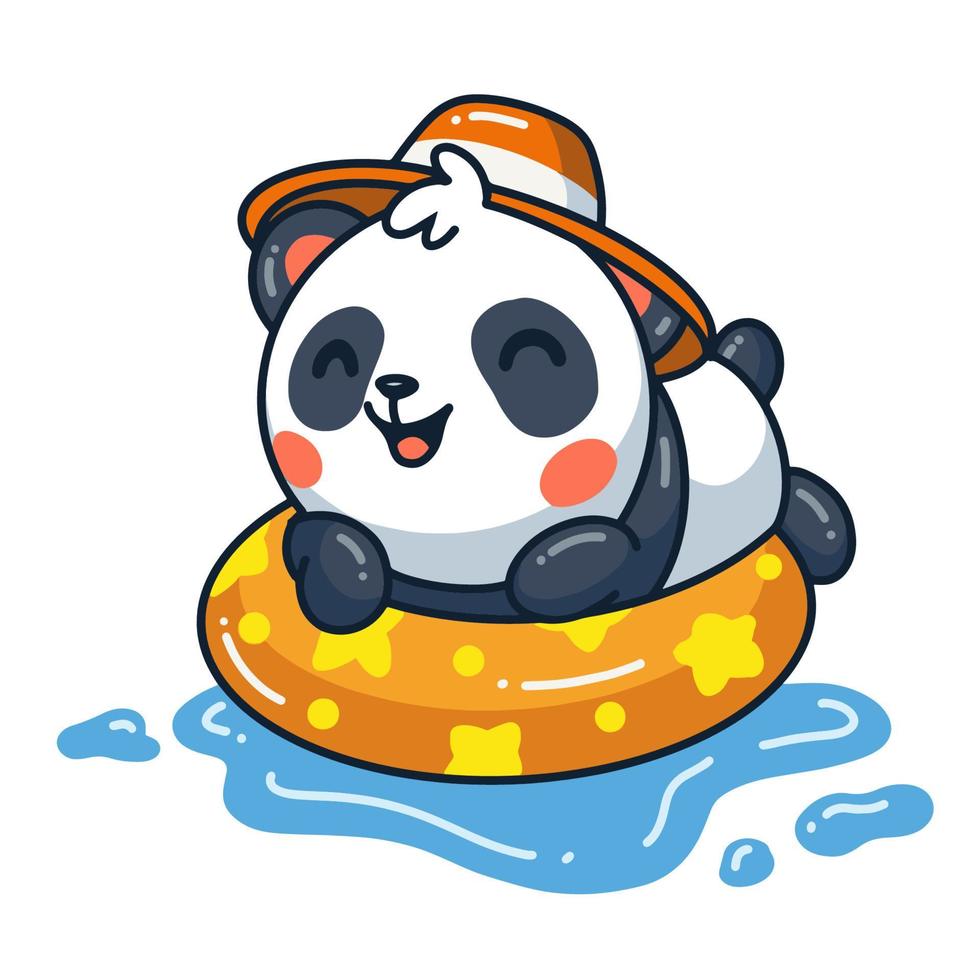 lindo panda de dibujos animados nadando en el anillo de la piscina inflable vector