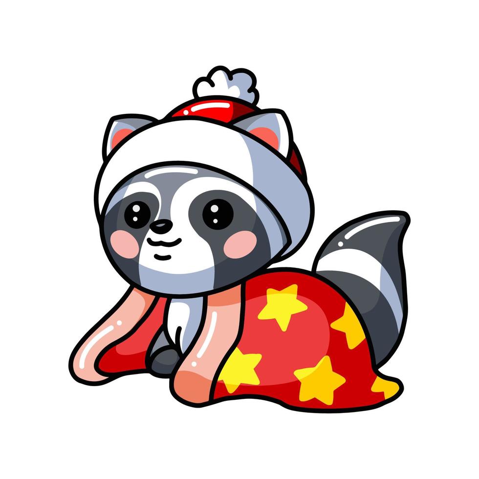 Cute baby raccoon cartoon with hat and blanket vector