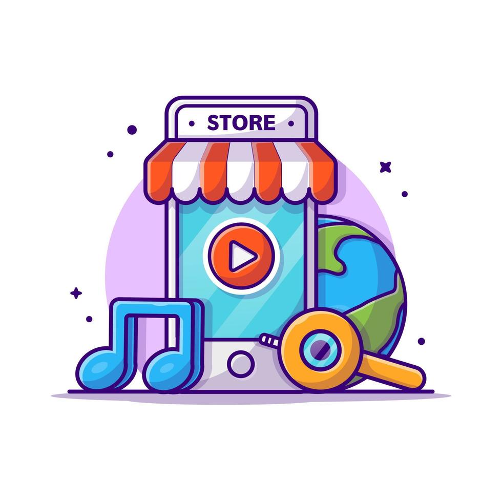 tienda de música móvil con ilustración de icono de vector de dibujos animados de nota. tecnología arte icono concepto aislado premium vector. estilo de dibujos animados plana