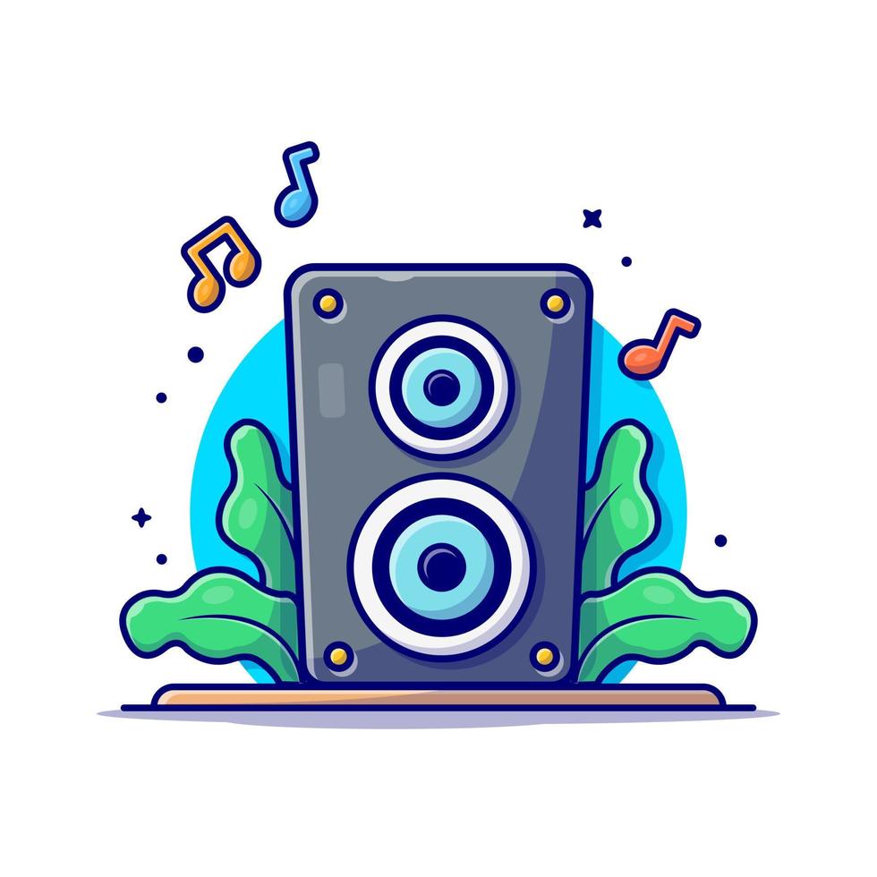 altavoz del sistema de sonido acústico con notas de ilustración de icono de vector de dibujos animados de música. concepto de icono de objeto de arte vector premium aislado. estilo de dibujos animados plana