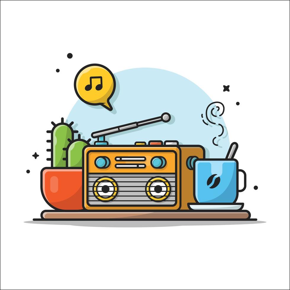 Old Radio with Coffee, Cactus Plant, Note and Tune of Music.  Cartoon Vector Icon Illustration. Art Technology Icon Concept  Isolated Premium Vector. Flat Cartoon Style