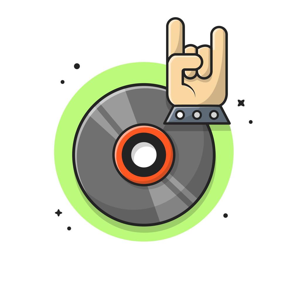 música de disco de vinilo con ilustración de icono de vector de dibujos animados de música de mano de metal y rock. concepto de icono de objeto de recreación vector premium aislado. estilo de dibujos animados plana