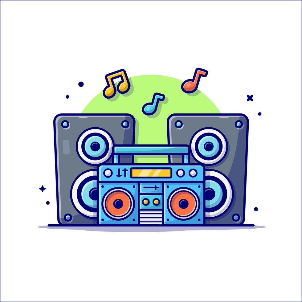 Retro Portable Radio Cassete Recorder with Sound Speaker  and Notes of Music Cartoon Vector Icon Illustration. Art  Object Icon Concept Isolated Premium Vector. Flat Cartoon  Style