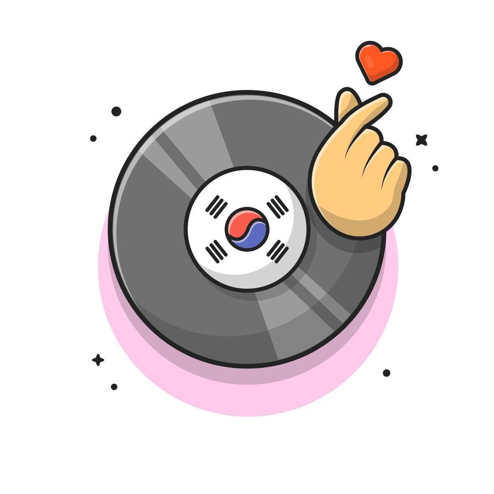 música de disco de vinilo con ilustración de icono de vector de dibujos animados de corazón de dedo. concepto de icono de objeto de recreación vector premium aislado. estilo de dibujos animados plana